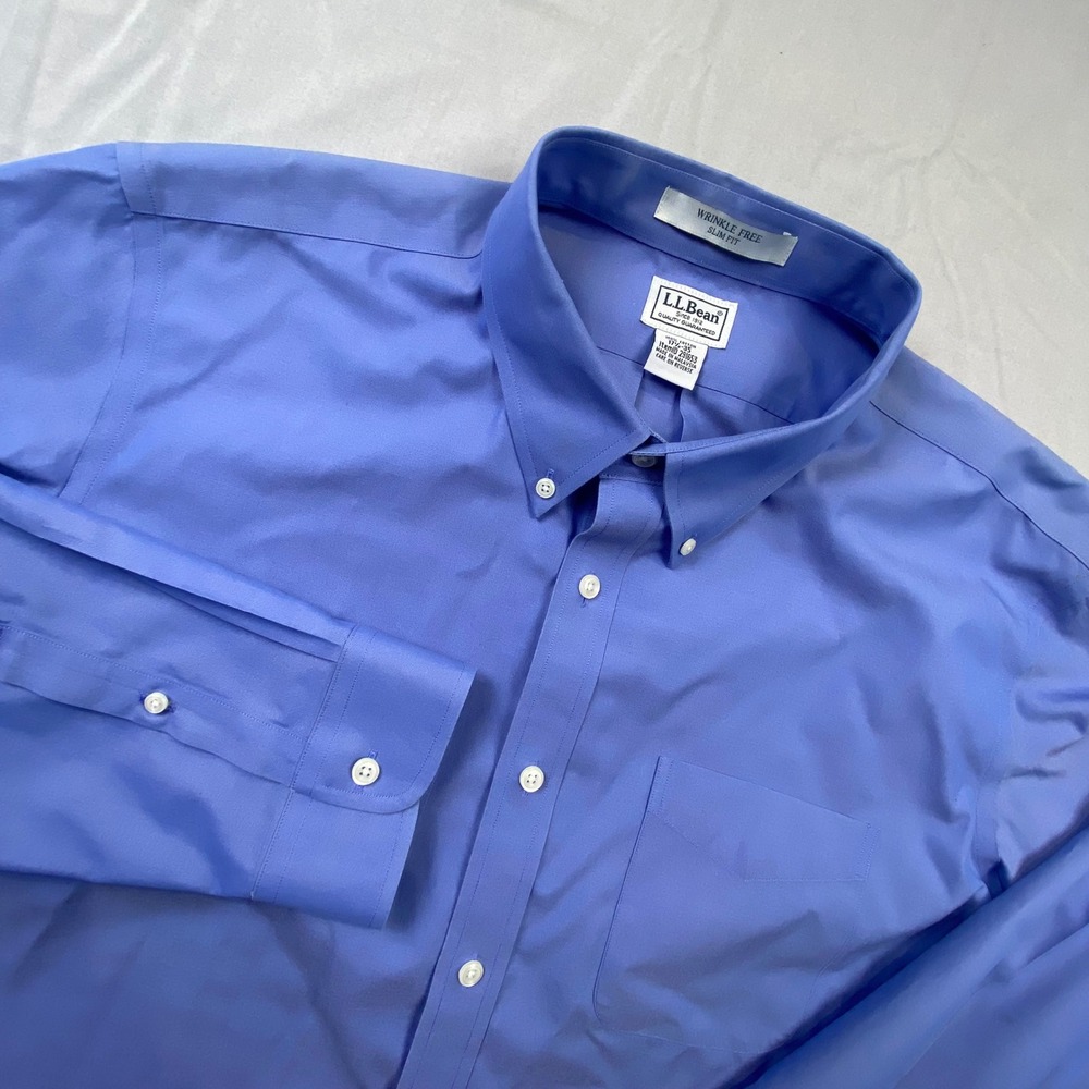 L.L.Bean Mens Slim Fit Wrinkle Free Blue Dress Shirt Button Down‎ 17.5 35